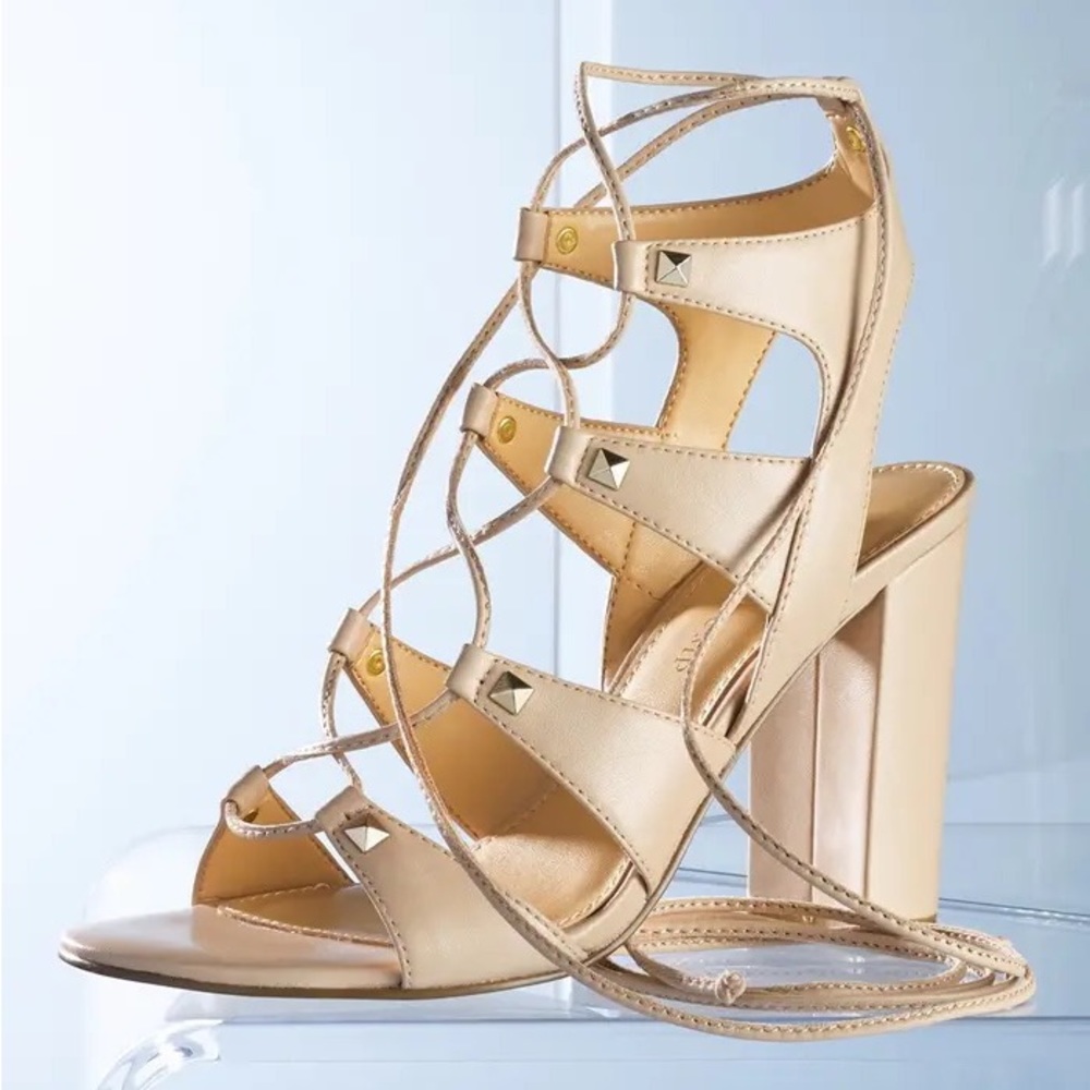 Nude Ivanka Trump lace-up block heel sandals